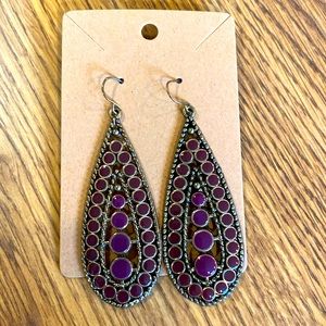 Earrings, antique brass with purple inlay